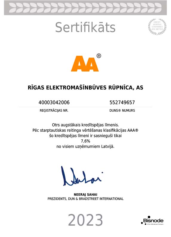 aģentūra DUN & BRADSTREET INTERNATIONAL ir apstiprinājusi AS RER kredītreitingu AA līmenī