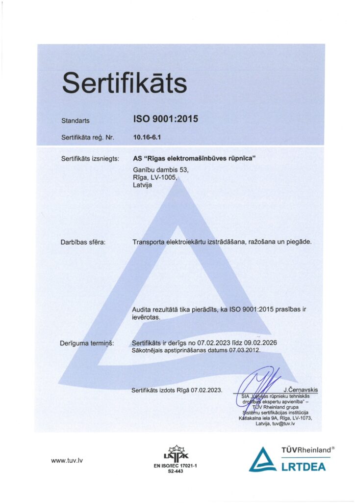 RER atjaunoja ISO sertifikātu atbilstoši ražošanas kvalitātes standartiem.